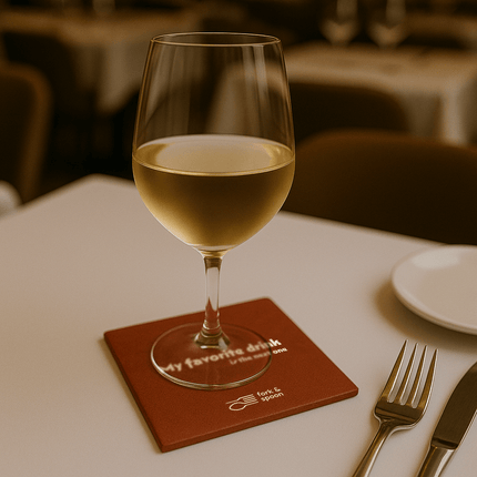 Onderzetter met logo op tafel in restaurantsetting